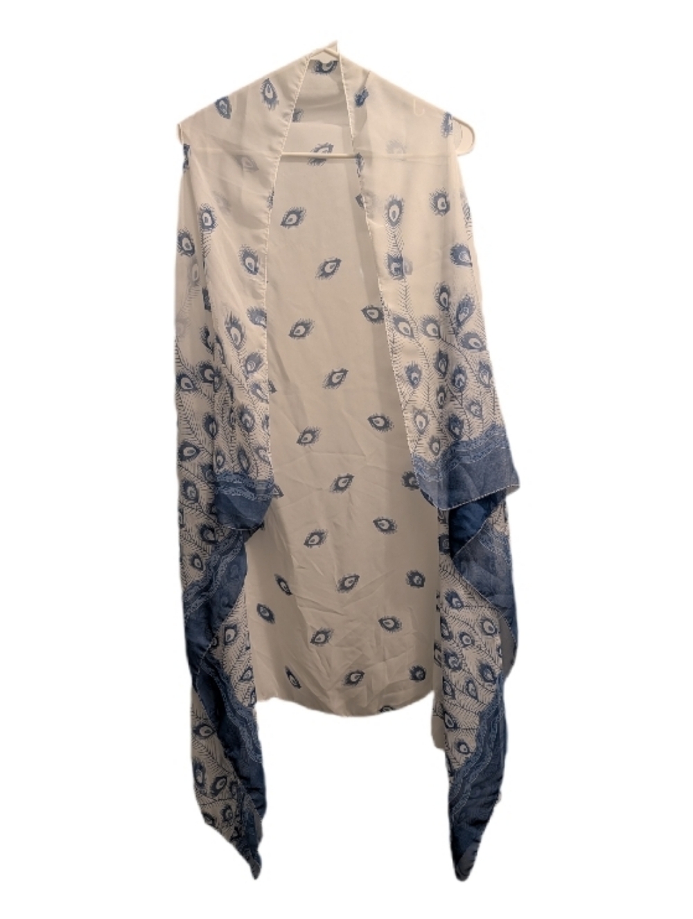 Boho Blue & White Peacock Feather Patterned Sleeveless Sheer Kimono OS